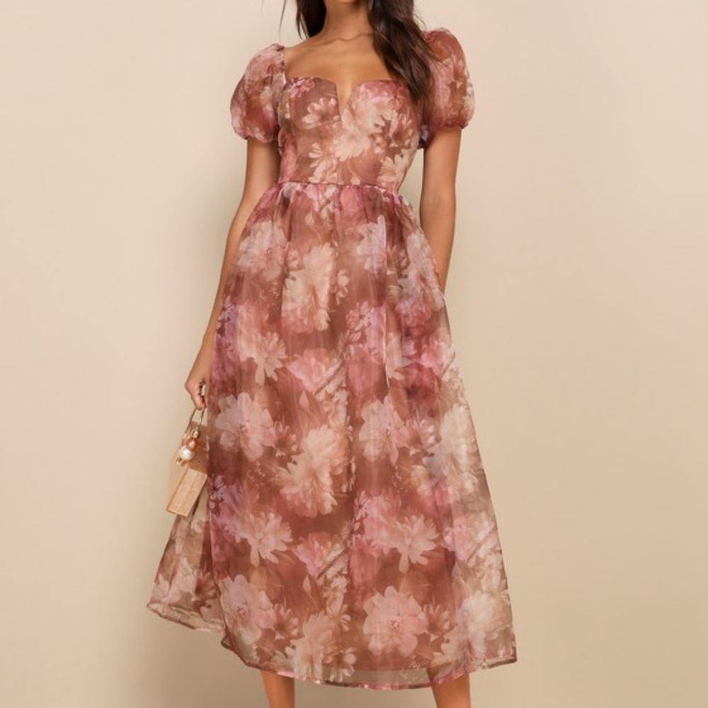 Lovely Statement Light Brown Floral Organza Tie-Back Midi Dress